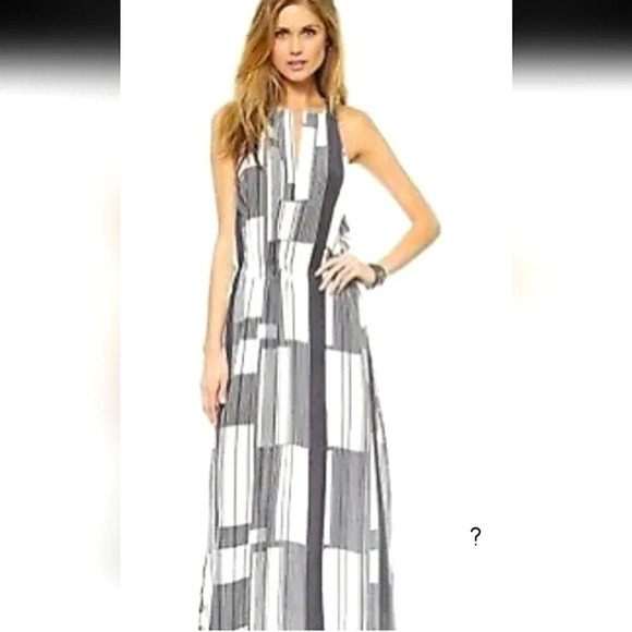 CLUB MONACO 100% Silk Geometric Stripe Print Maxi Dress In White/black. Size 0 - Picture 1 of 10